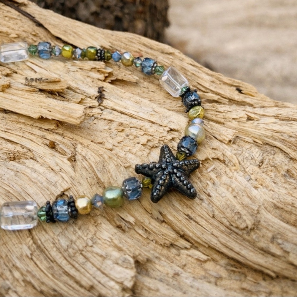 Vintage Starfish Beaded Necklace Coastal Glass Pearl Toggle Beach Boho